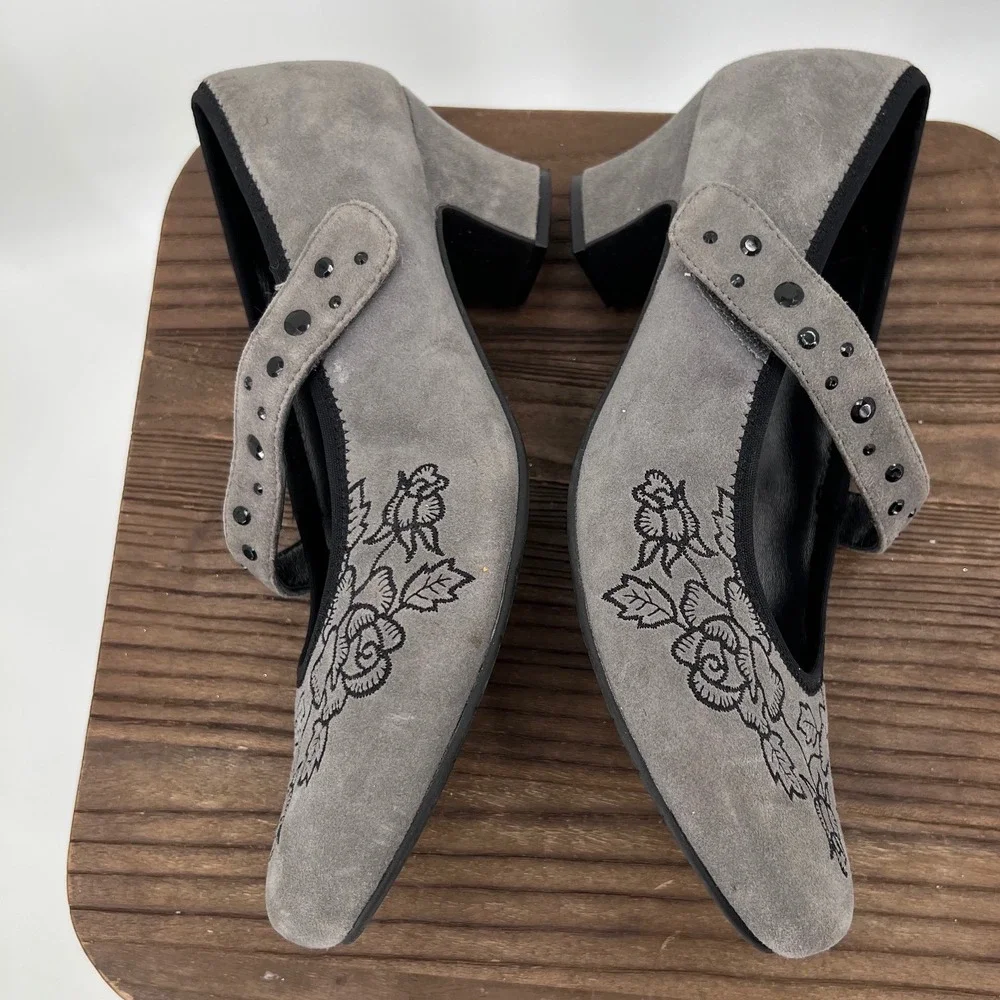 Hotter Grey Suede Floral Embroidered Mary Jane Studded Strap‎ Comfort Heels 7.5